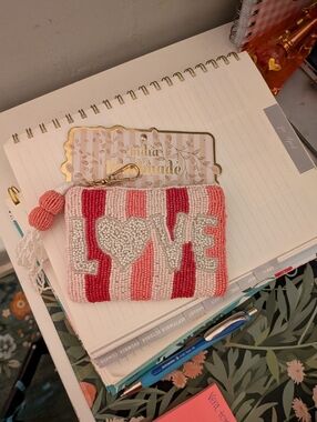Viral NWT Beaded 'LOVE' Striped Card Pouch - Pink & Red